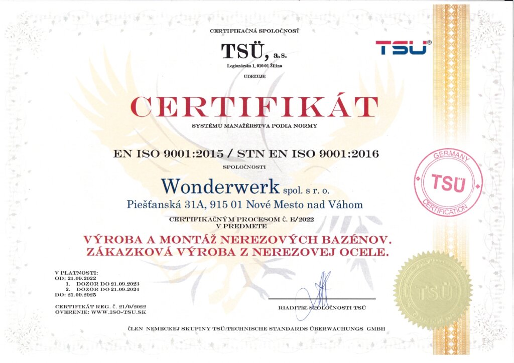 ISO 9001 certifikát - Wonderwerk - výstavba nerezových bazénov na mieru
